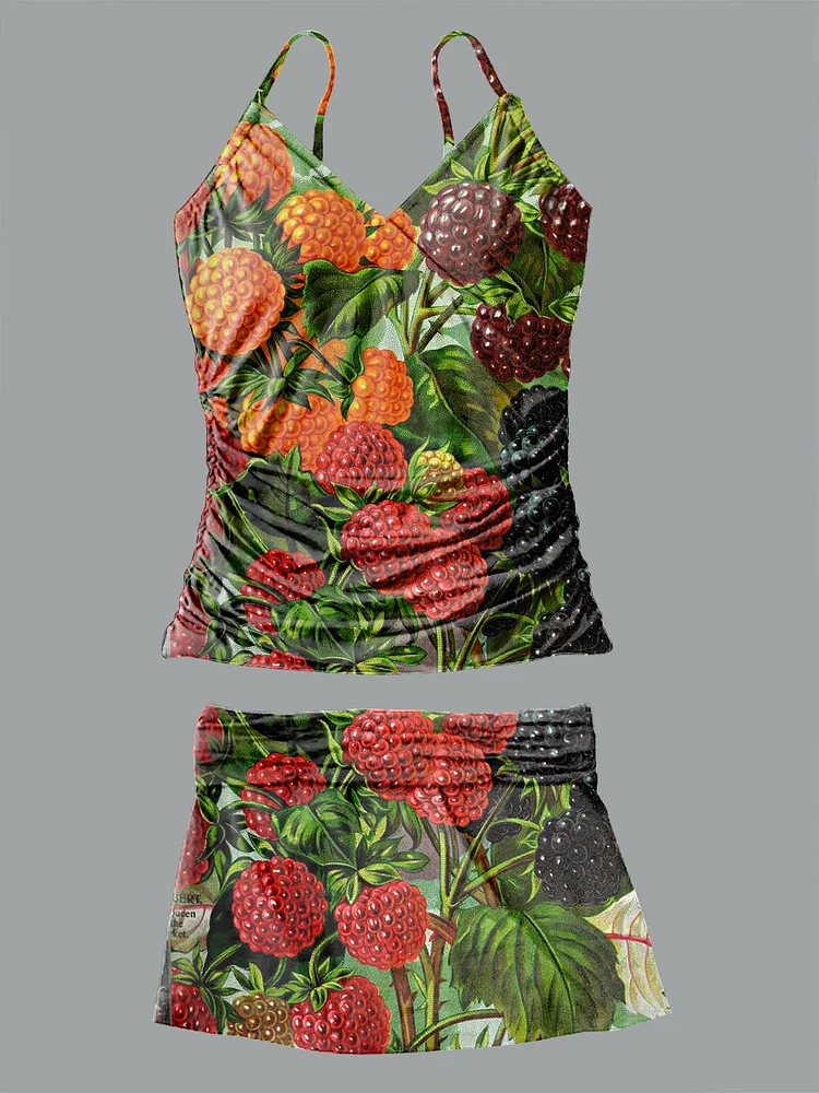V-Neck Vintage Art Raspberry Pattern Halter Pants Skirt Set Swimsuit