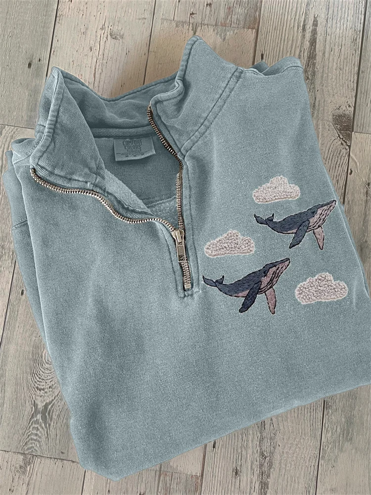 Wale und Clouse-Stickerei-Kunst-Sweatshirt mit Reißverschluss
