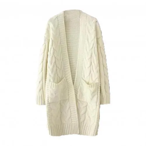 Women Autumn Winter Pockets Cardigan Long Sleeve Twist Knitted Mid-length Coat 2021