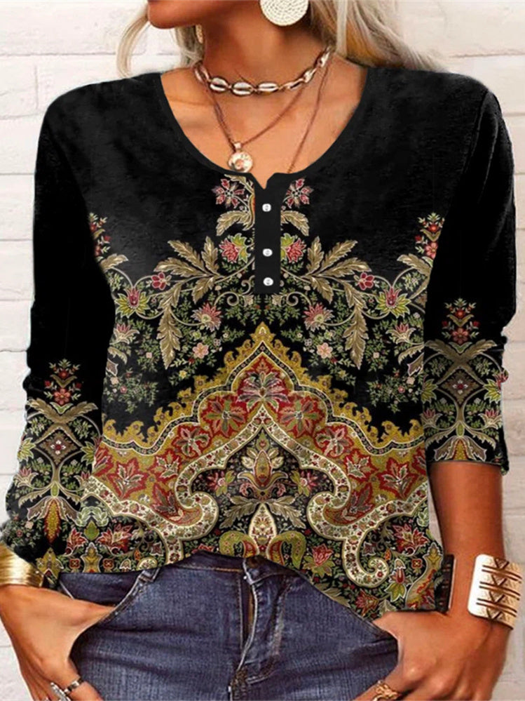 Women Long Sleeve V-neck Graphic Floral Printed Top
