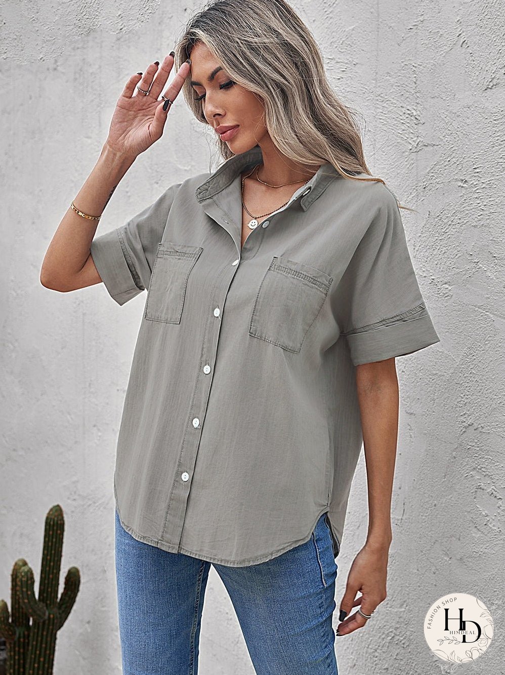 Chic Boyfriend Style Denim Shirt with Short Sleeves