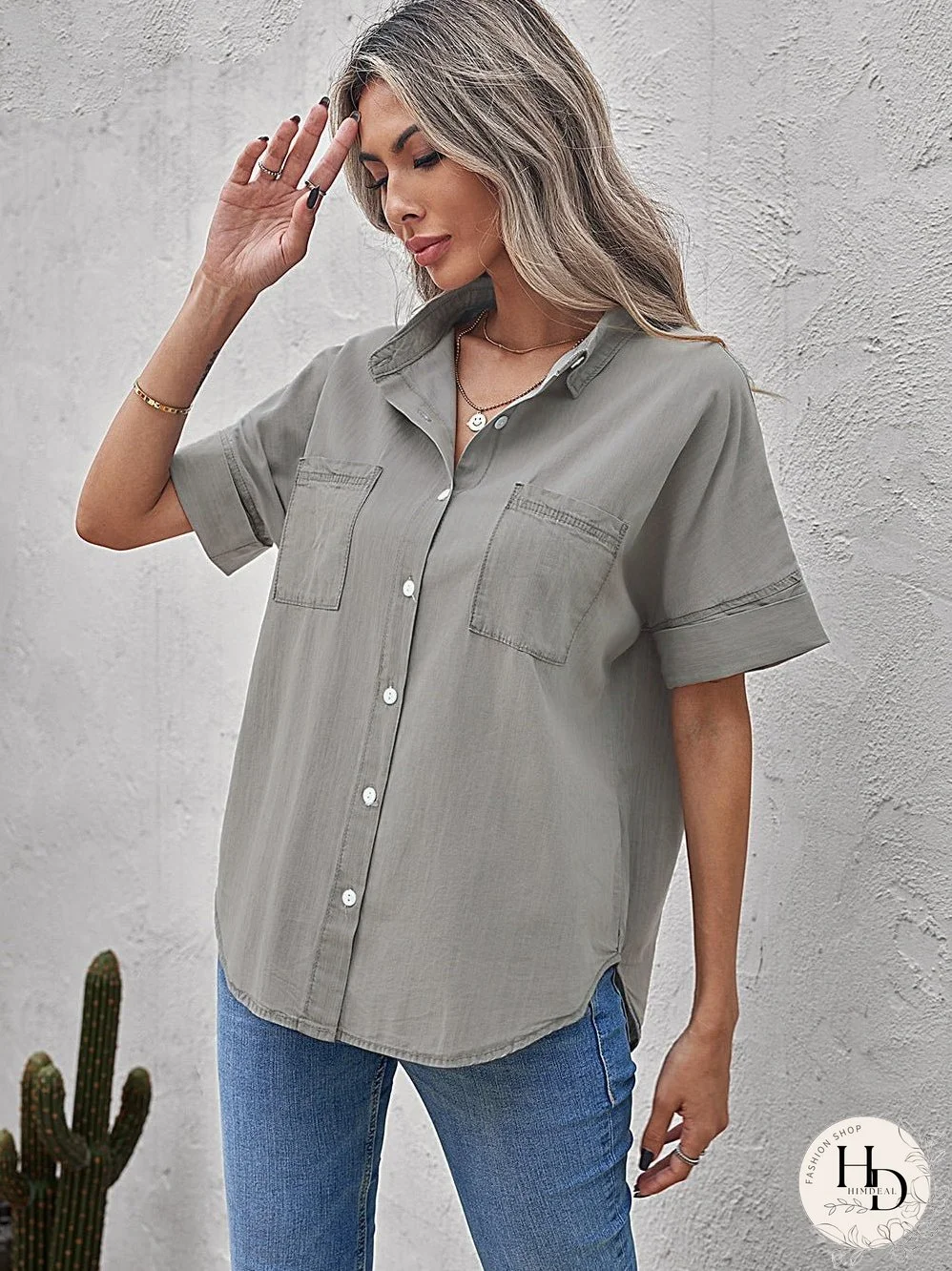 Chic Boyfriend Style Denim Shirt with Short Sleeves