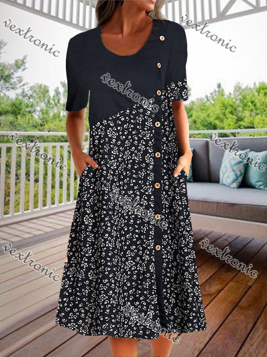 Women Half Sleeve V-neck Solid Color Dress