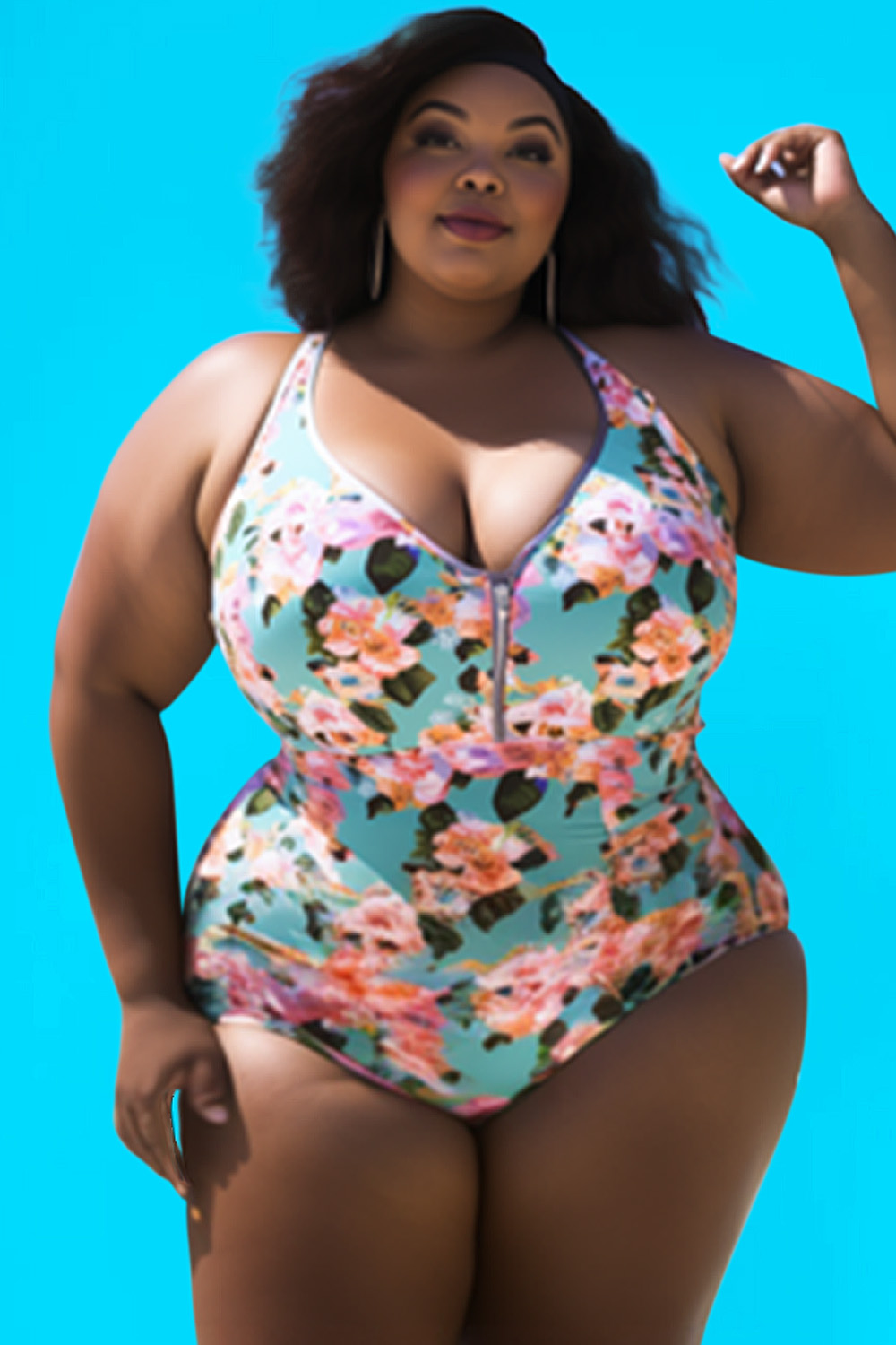 Design Plus Size Beach Cyan Floral Zipper Swimsuit Fabric One Pieces Swimwear [Pre-Order]