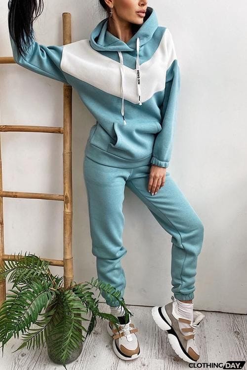 Colorblock Pocket Drawstring Hoodie & Pants Set