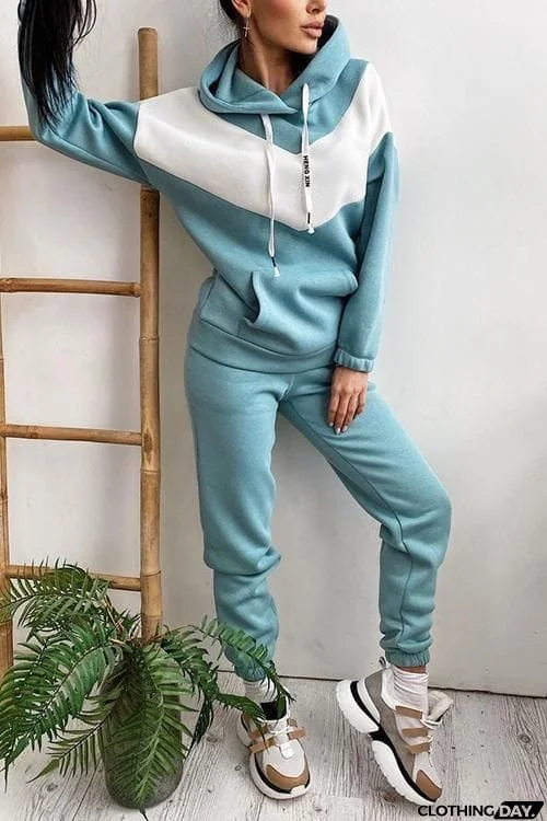 Colorblock Pocket Drawstring Hoodie & Pants Set