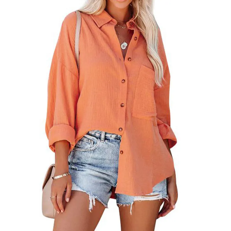 Textured Lapel Collar Button Down Oversized Long Sleeve Shirt