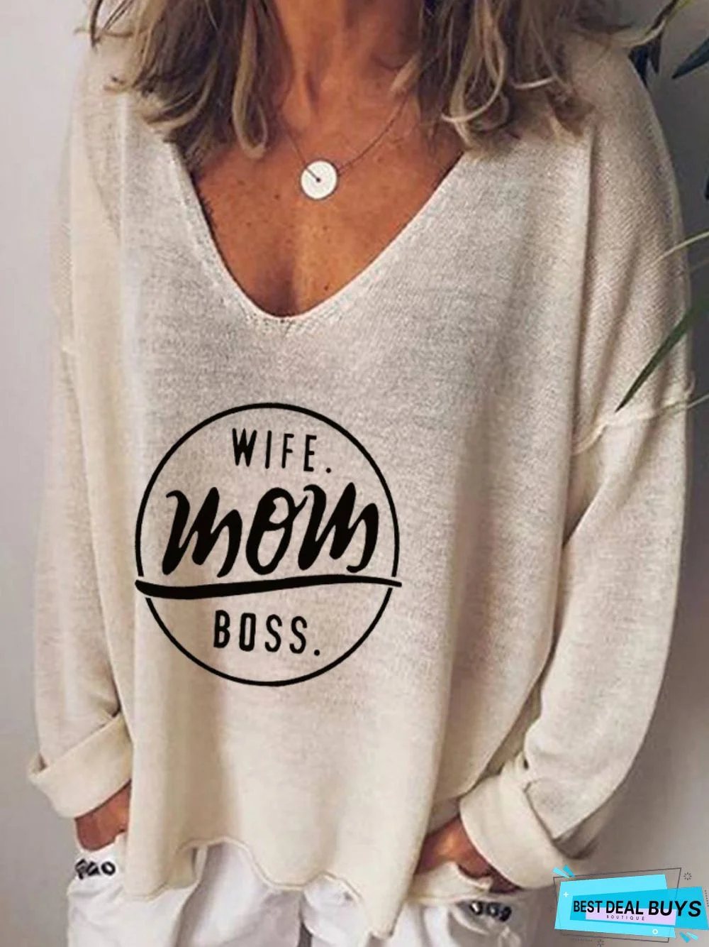 Letter Long Sleeve Casual Cotton-Blend Tunic T-Shirt