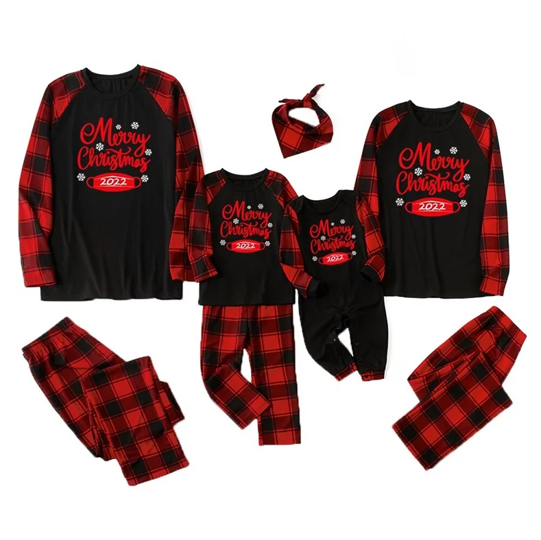 Christmas Letters Printed Plaid Parent-child Pajama Set (with Pet Dog Clothes)