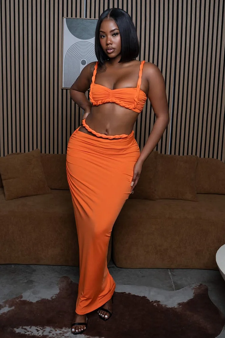 Braid Cami Crop Top Slim-Fit Maxi Skirt Vacation 2pcs Set-Orange