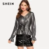 SHEIN Silver Knot Detail Ruffle Hem Metallic Womens Tops 2019 Spring Fashion V Neck Flounce Sleeve Glamorous Casual Solid Blouse