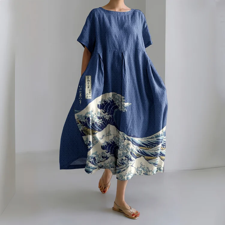 Comstylish Japanese Art Sea Wave Linen Blend Maxi Dress
