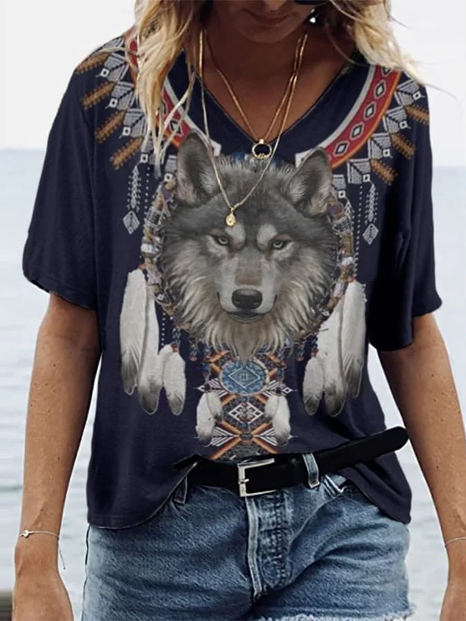 Vintage Wolf Western Fringe Print V-Neck T-Shirt