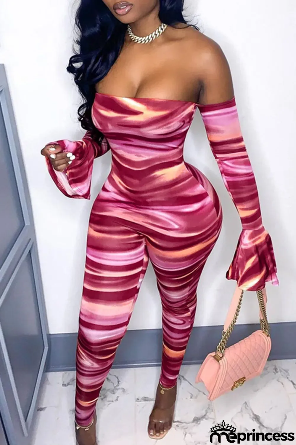 Pink Fashion Sexy Print Backless Off the Shoulder Skinny Jumpsuits