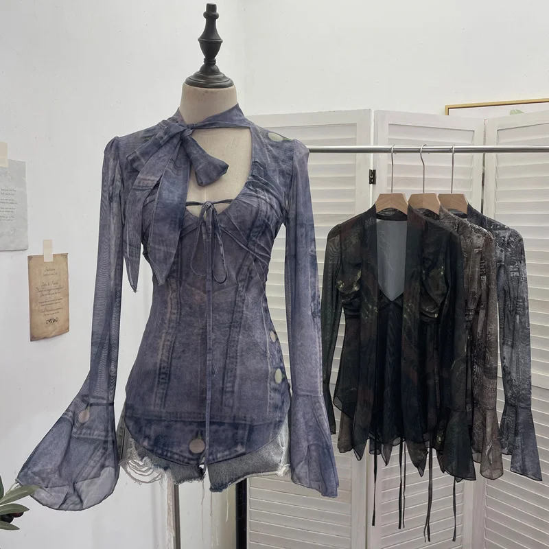 Nigikala Nigikala Hollow Tying With Low-Necked Bow Ribbon Dizzy Red Elastic Mesh T-Shirt Top 8036