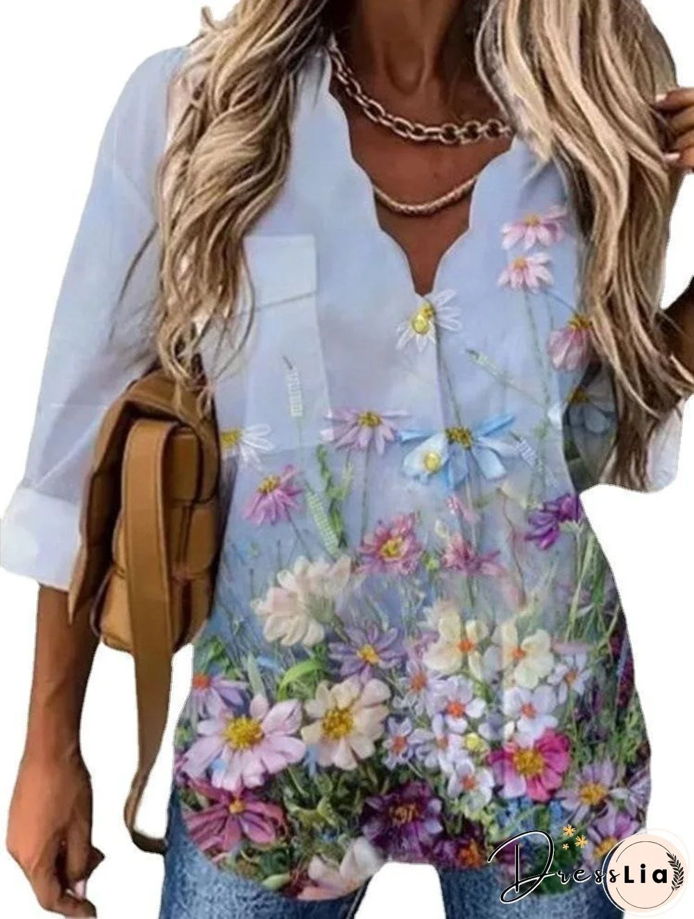 V Neck Flower Printed Shirt With Pockets