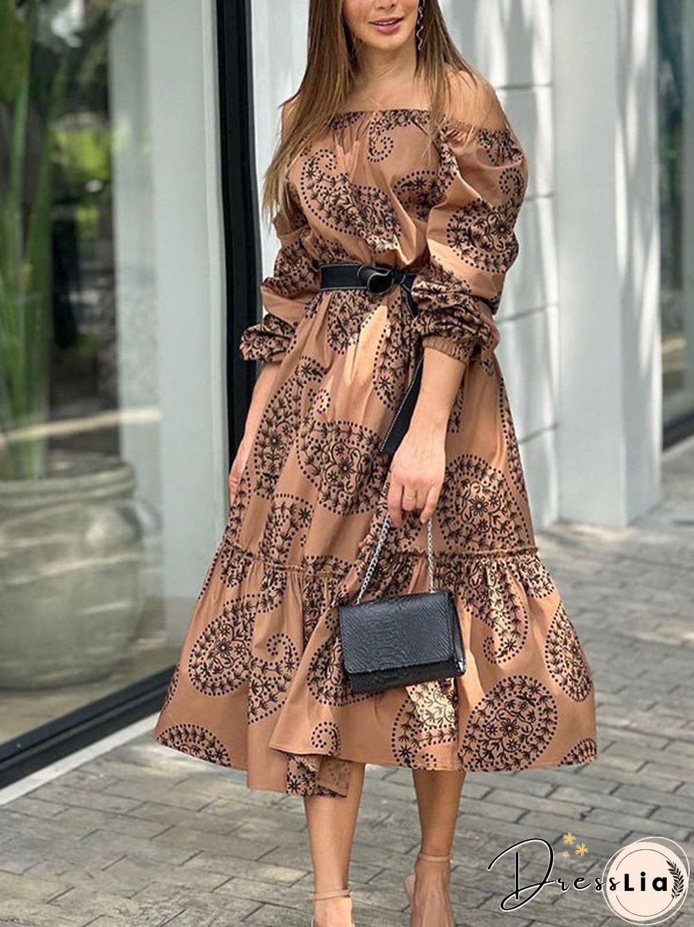 Women'S Dresses One-Shoulder Belted Long Sleeve Print Dress