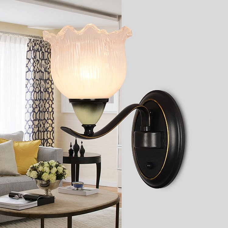 Clear Ribbed Glass Flower Sconce Lamp Countryside 1/2 Lights Living Room Wall Mounted Lighting in Black