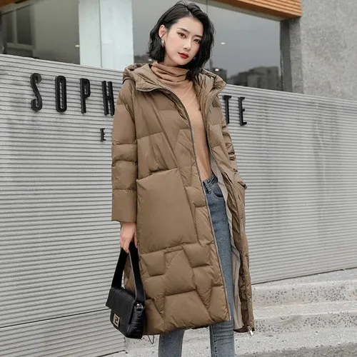 Ailegogo Winter Women Hooded Loose Thick Warm 90% White Duck Down Long Parkas Casual Female Zipper Pocket Down Coat Snow Outwear