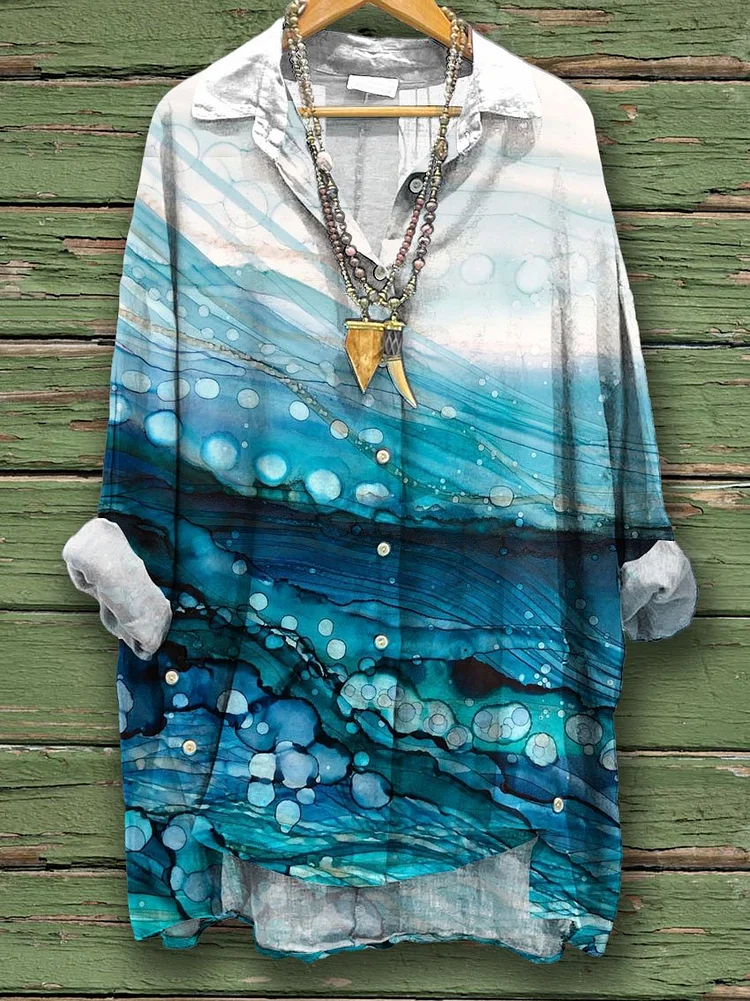 Women's Ocean Art Print Casual Cotton And Linen Shirt