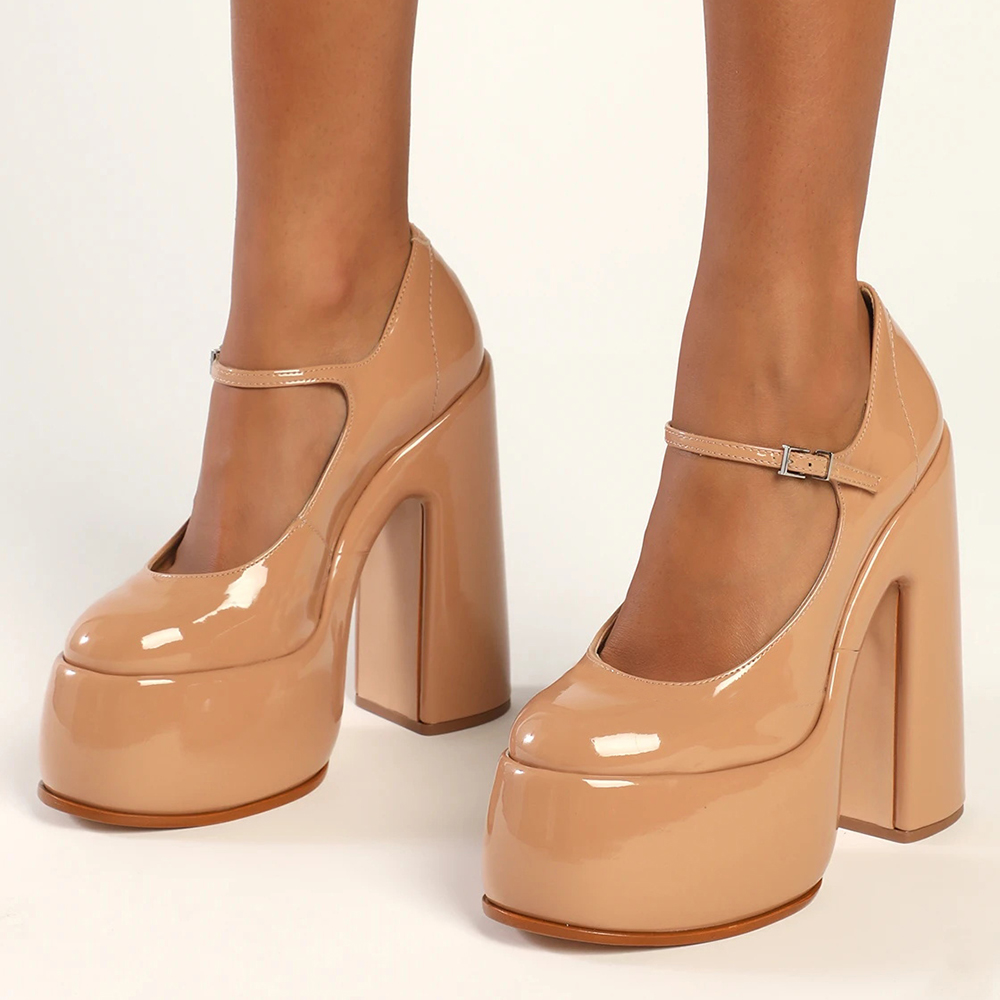 Nude Patent Leather Round Toe Chunky Heel Y2K Platform Pumps Nicepairs