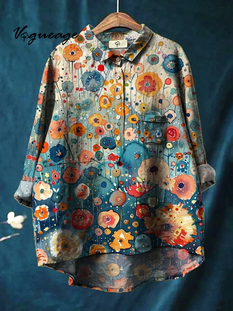 Bright Colorful Hand Painted Flowers Print Cotton And Linen Shirt