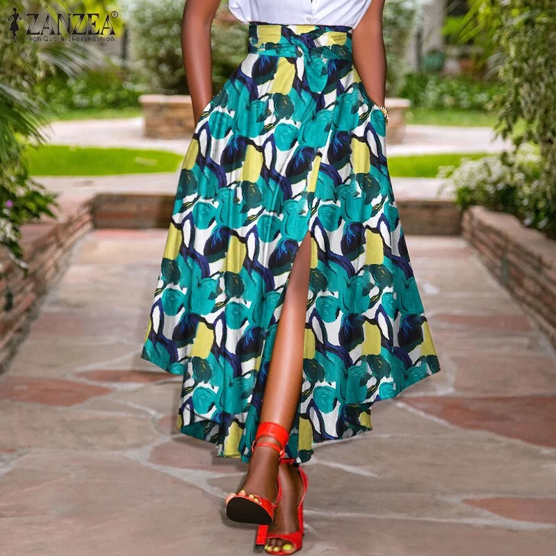 High Waist A-line Skirt ZANZEA Women Skirts Summer Vintage Zipper Long Maxi Skirts Solid Irregular Beach Skirt Faldas Saia S-