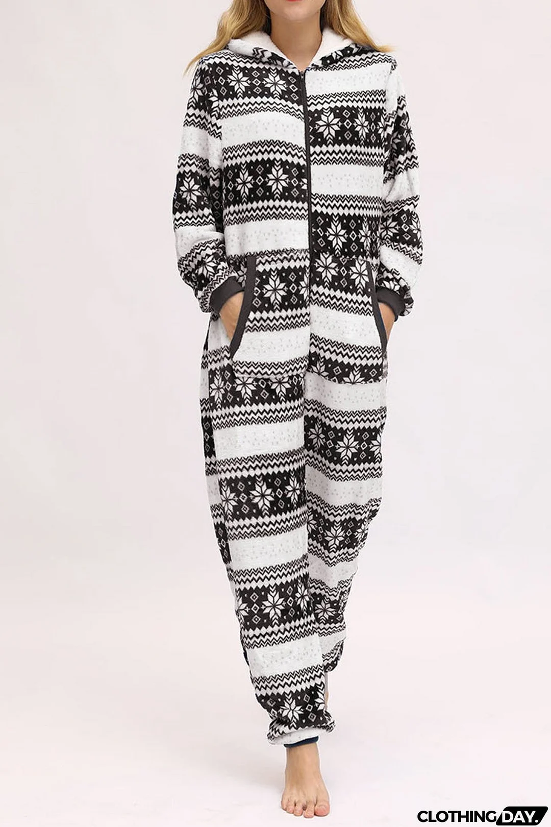 Christmas Printed Zipper Hooded Jumpsuits