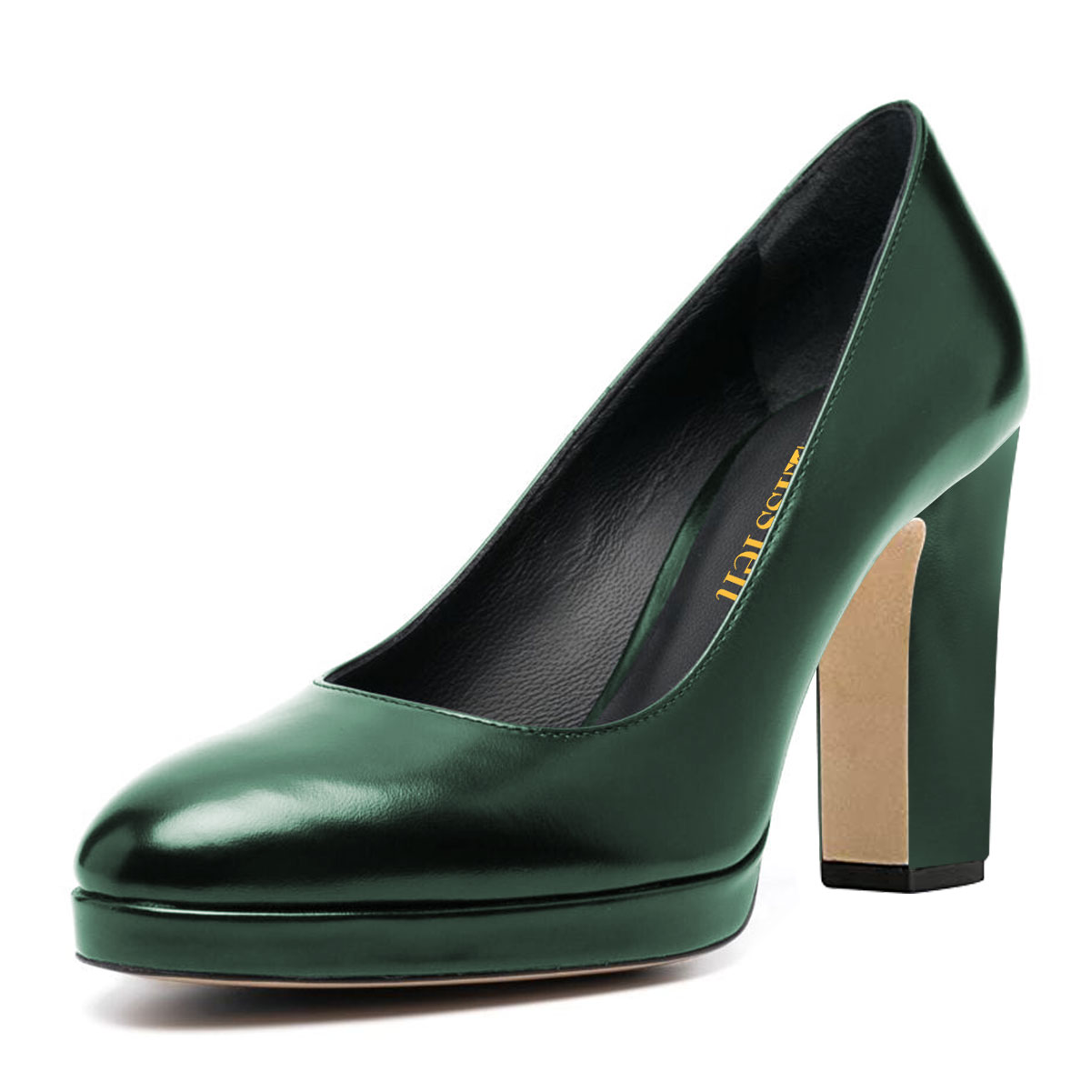 Dark Green Round Toe Chunky Heel Slip-On Platform Pumps for Women Nicepairs