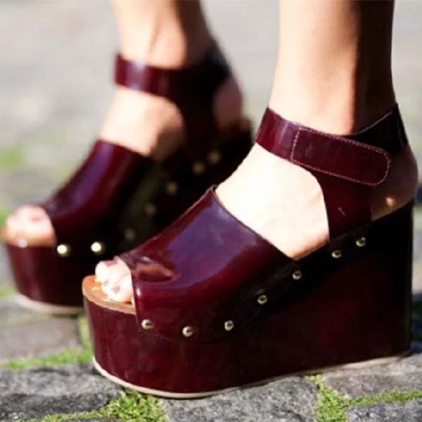 Maroon Patent Leather Platform Wedge Sandals |FSJ Shoes