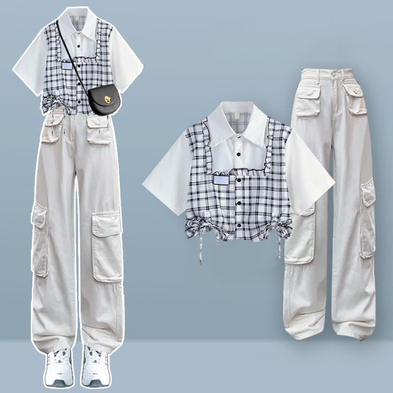 Lattice Print Drawstring Lapel T-Shirt Loose Denim Pants