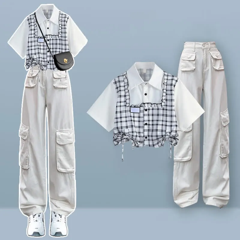 Lattice Print Drawstring Lapel T-Shirt Loose Denim Pants