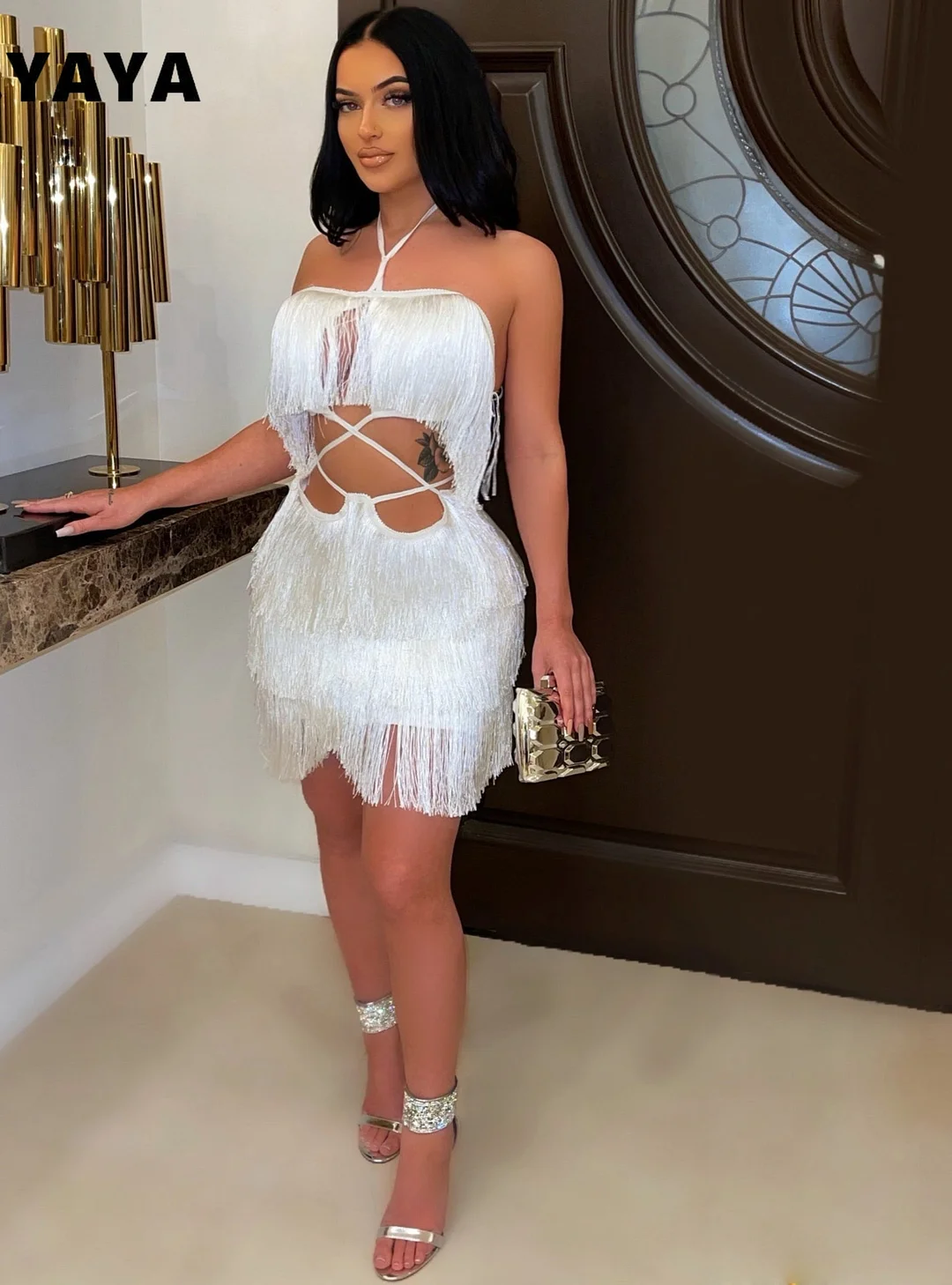 Billlnai 2023  Graduation Party  Women Halter Neck Backless Cut Out Waist Tassel Bodycon Midi Dress for Summer Spring Sexy Night Party Clubwear 2023