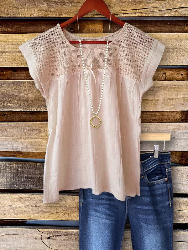 Casual Lace Panel Short Sleeve Top