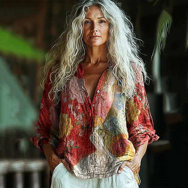 Vintage Boho Bohemian Floral Button Linen Shirt