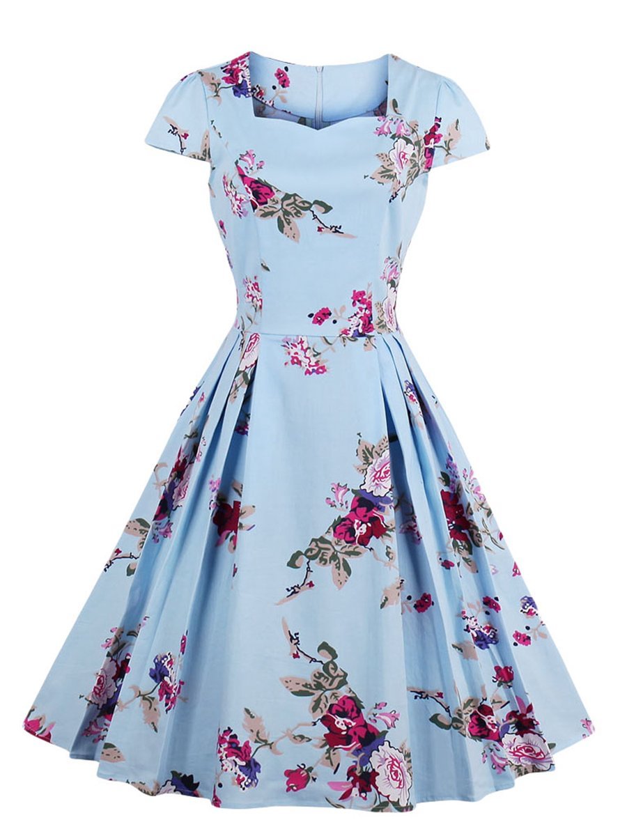 Aline Dress Square Neck Floral Short Sleeve Retro Style Dress for Women