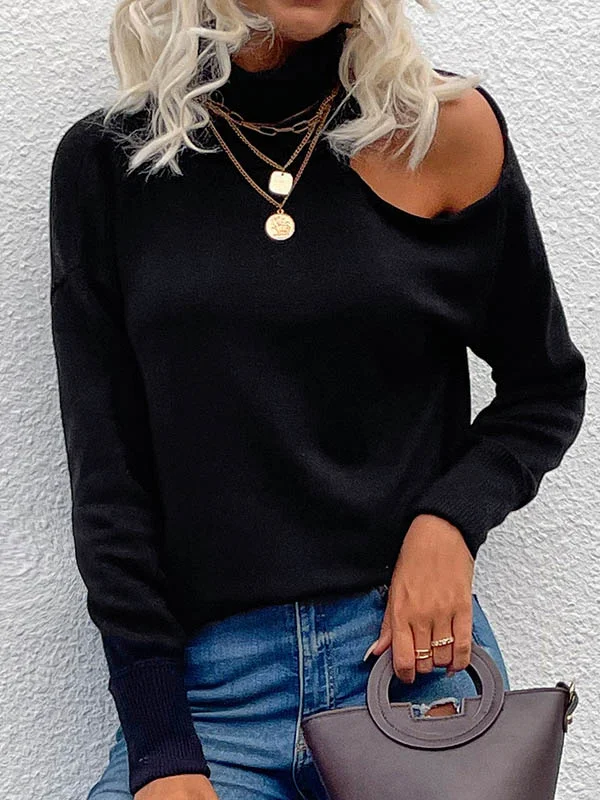 Original Sexy Hollow Solid Color High-Neck Sweater