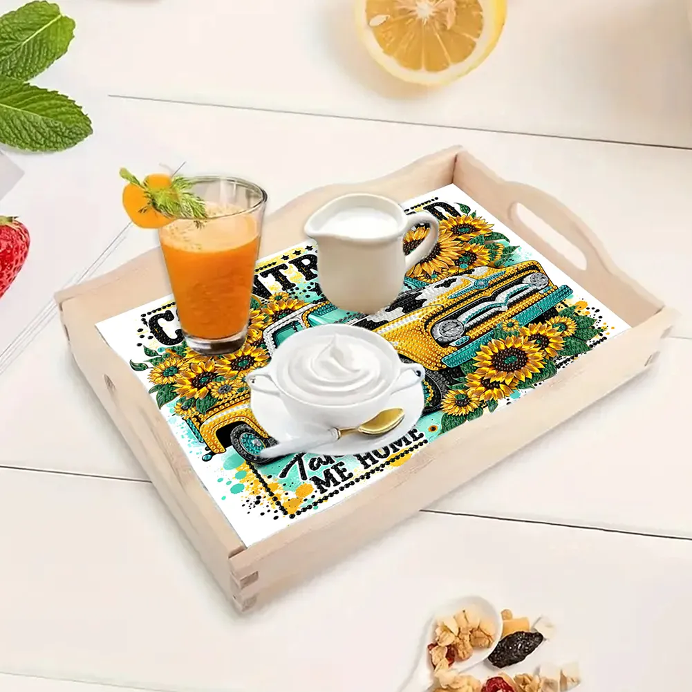 5D DIY Wooden Sunflower Car Diamond Painting Tray Art Craft for Desk Coffee Table
