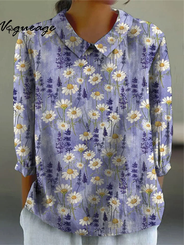 Fashionable And Elegant Daisy Printed Cotton And Linen Women Shirt