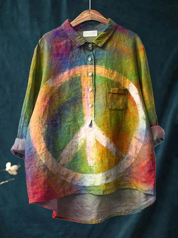 Women's Rainbow Colored Peace Sign Print Casual Cotton And Linen Shirt