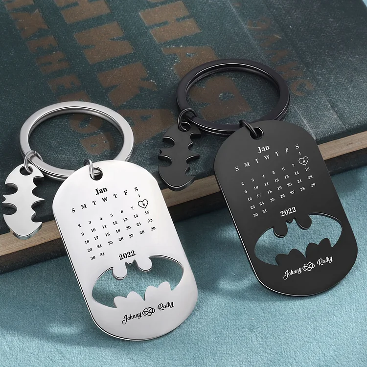 Personalized Bat Couple Keychain Set Engrave Calendar Matching Keychain Couple Gifts