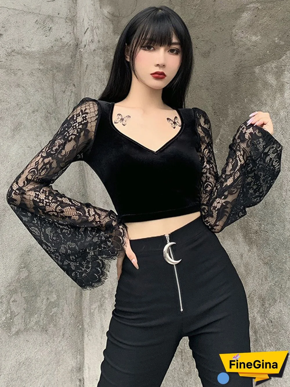 Vintage Gothic Velvet Lace Tops Harajuku Sexy See Through Long Sleeve Crop Top Women Autumn Elegant Aesthetic Basic Tops