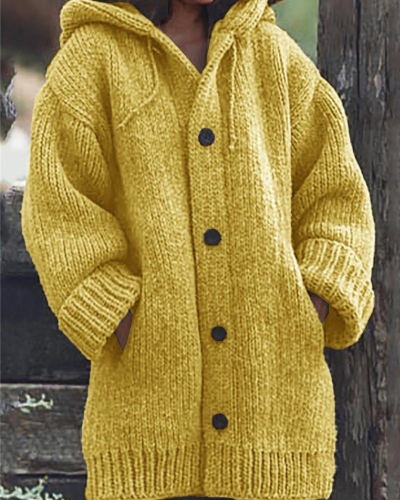 Button Down Hooded Knitted Cardigan Plus Size Outerwear For Women