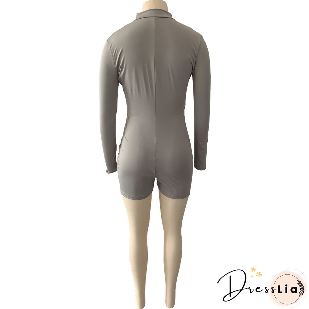 Solid Zipper Front Long Sleeve Bodycon Romper