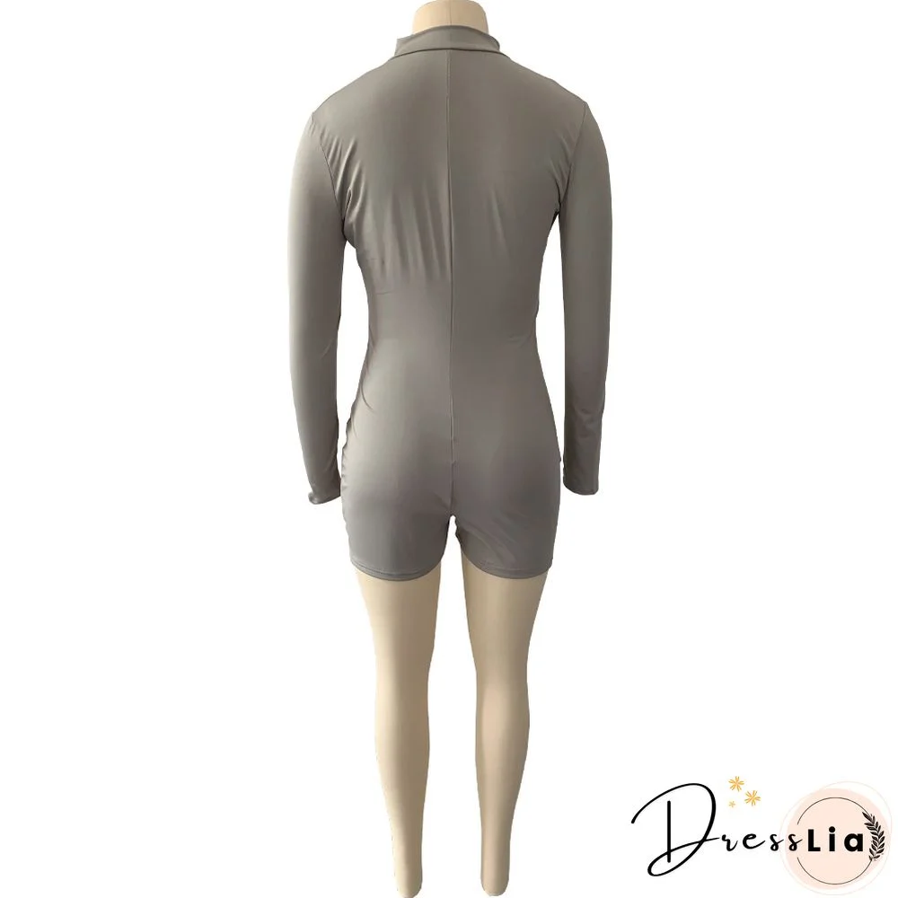 Solid Zipper Front Long Sleeve Bodycon Romper