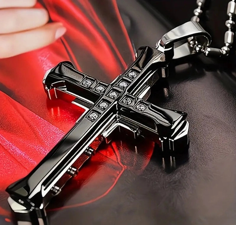 Retro Punk Cross Alloy Inlay Rhinestones Men’s Pendant Necklace Men Pendant Necklaces