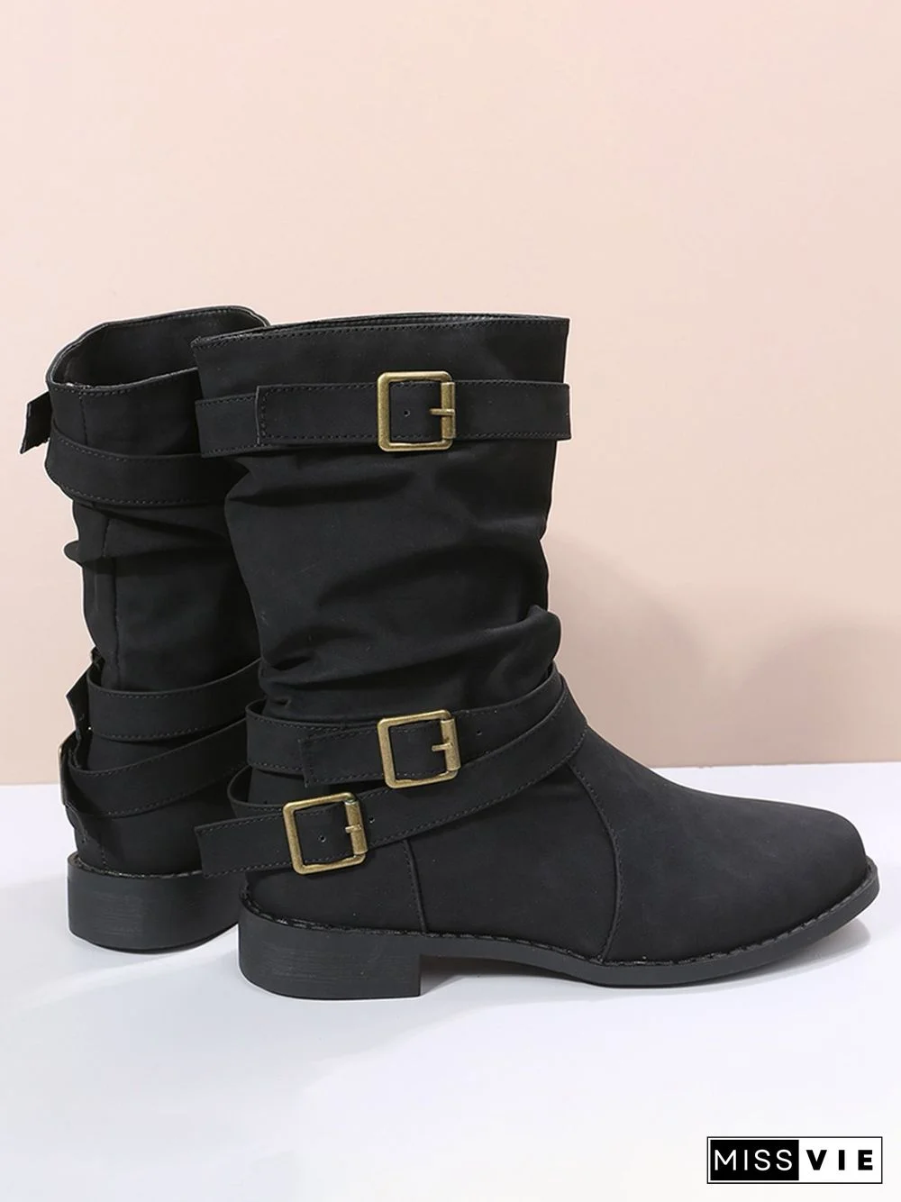 Ruched Buckle Casual Leather Booties