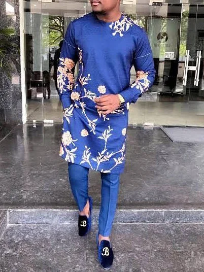 Men's chic casual blue print two-piece set
