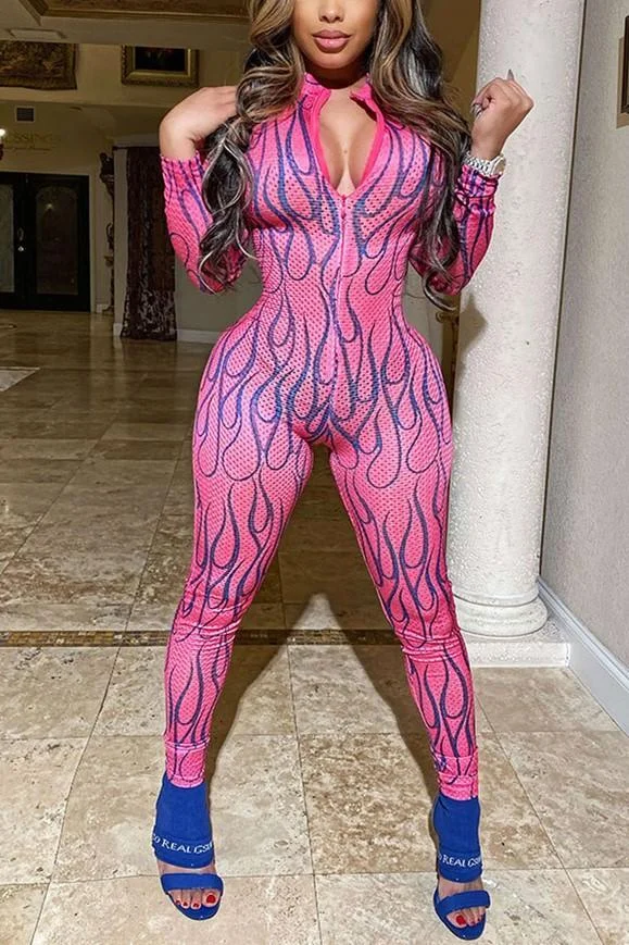 Fashion Printing Long Sleeve Zip Jumpsuit