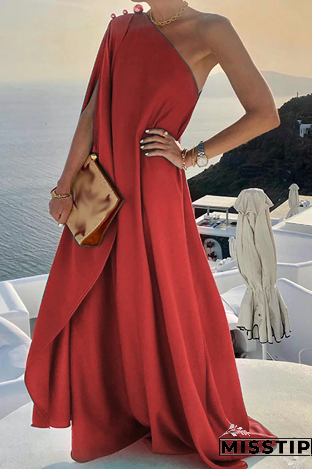 Green Casual Solid Patchwork One Shoulder Straight Dresses